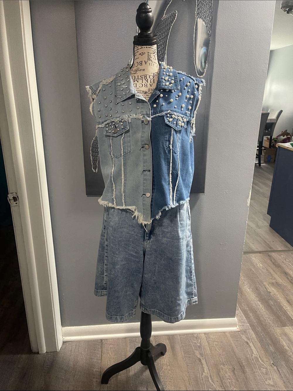 Beaded Distressed Two-Tone Denim Vest